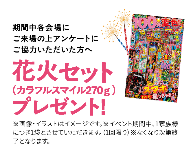 期間中各会場にご来場の上アンケートにご協力いただいた方へ花火セット （カラフルスマイル270g）プレゼント!