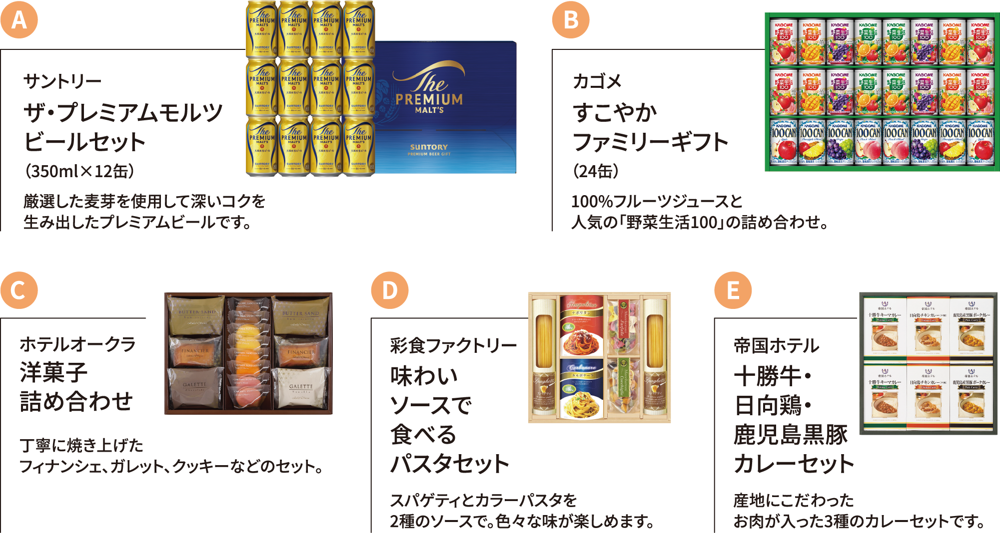 A.サントリー ザ・プレミアムモルツ ビールセット（350ml×12缶）、B.カゴメすこやかファミリーギフト（24缶）、C.ホテルオークラ洋菓子詰め合わせ、D.彩食ファクトリー味わいソースで食べるパスタセット、E.帝国ホテル十勝牛・日向鶏・鹿児島黒豚カレーセット