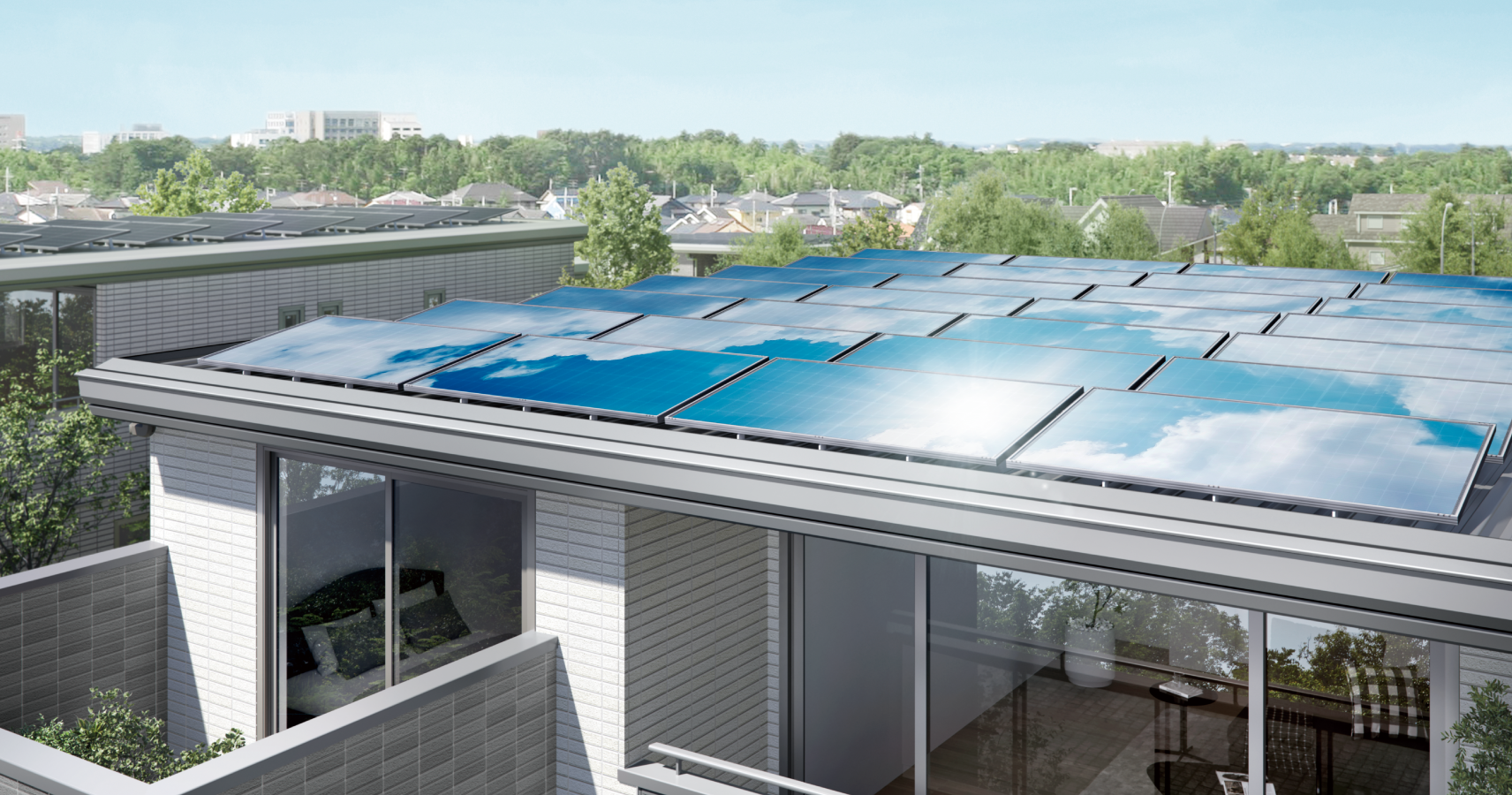 屋根にソーラーパネルを設置した住宅の外観イメージ