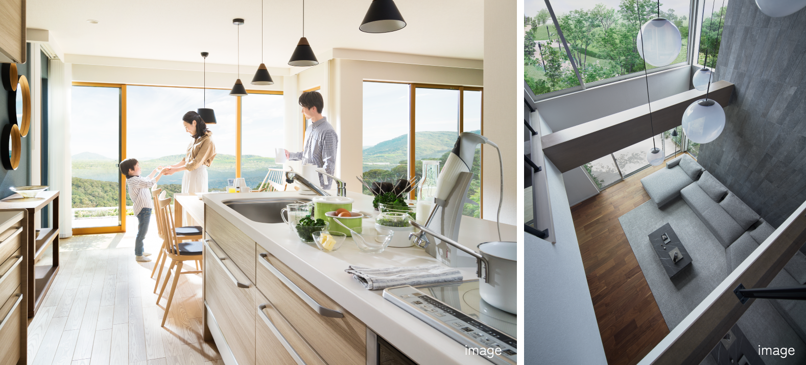 明るいキッチンで家族が過ごす様子と吹き抜けのあるリビングの室内写真