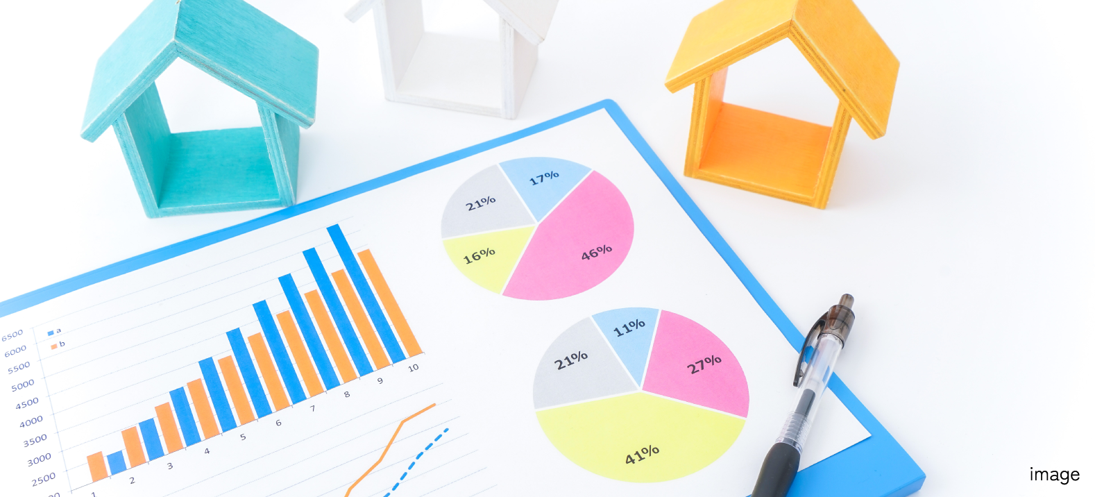 住宅のミニチュア模型とグラフ資料が置かれたデスクの写真