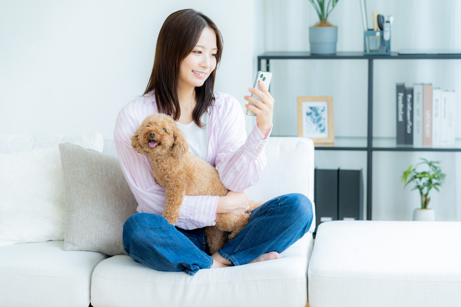 愛犬を抱いてソファでくつろぐ女性