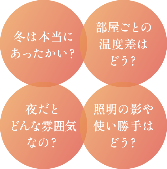 冬は本当にあったかい？ 部屋ごとの温度差はどう？ 夜だとどんな雰囲気なの？ 照明の影や使い勝手はどう？