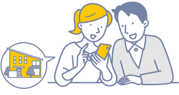 仲良くスマホでチェックしている男女のイラスト