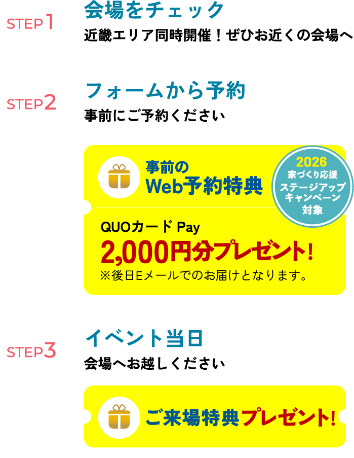 step1会場をチェック近畿エリア同時開催！ぜひお近くの会場へ、STEP2フォームから予約事前にご予約ください、STEP3イベント当日会場へお越しください