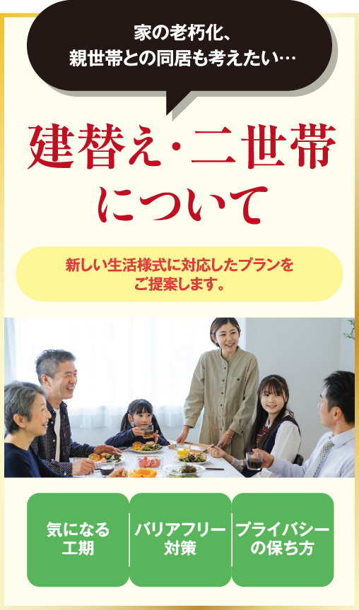 家の老朽化、親世帯との同居も考えたい…建替え・二世帯について