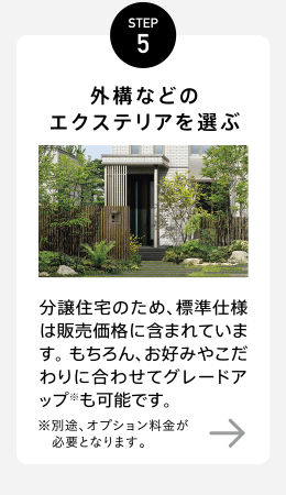 STEP5【外構などのエクステリアを選ぶ】分譲住宅のため、標準仕様は販売価格に含まれています。もちろん、お好みやこだわりに合わせてクレードアップ※も可能です。※別途、オプション料金が必要となります。