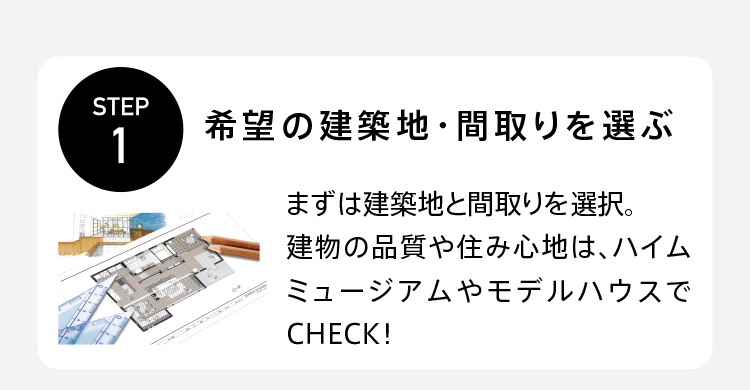 STEP1【希望の建築地・間取りを選ぶ】好みの立地と間取りを選択。建物の品質や住み心地は、ハイムミュージアムやモデルハウスでCHECK！