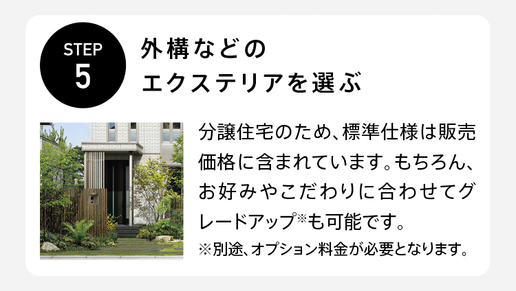 STEP5【外構などのエクステリアを選ぶ】分譲住宅のため、標準仕様は販売価格に含まれています。もちろん、お好みやこだわりに合わせてクレードアップ※も可能です。※別途、オプション料金が必要となります。