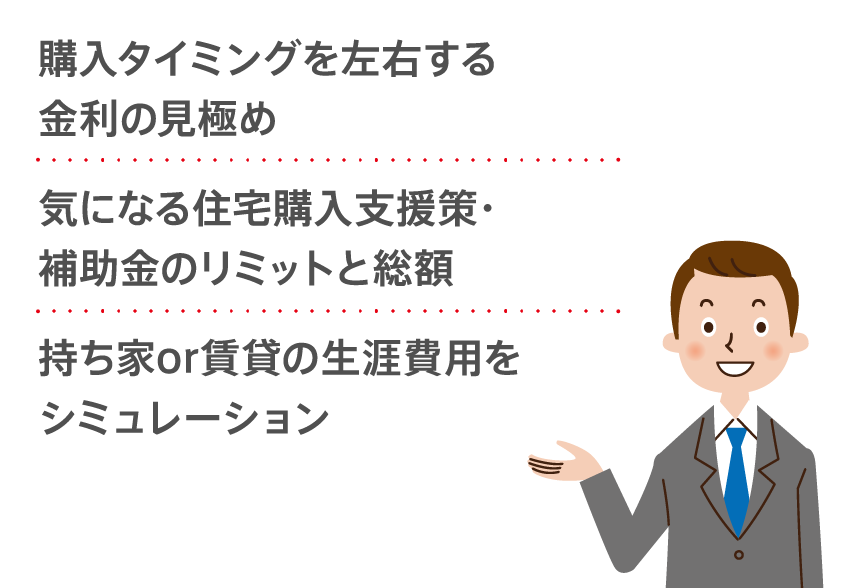 購入タイミングを左右する金利の見極め／気になる住宅購入支援策・補助金のリミットと総額／持ち家or賃貸の生涯費用をシミュレーション