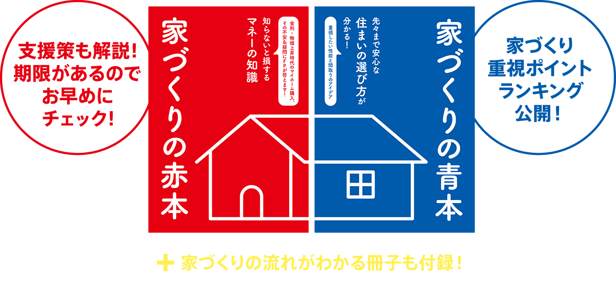 家づくりの参考書「【家づくりの赤本】知ってトクする！マネーの知識」「【家づくりの青本】住まいの選び方」＋家づくりの流れがわかる冊子も付録！