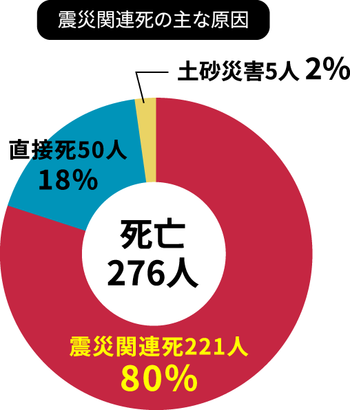 震災関連死の主な原因 土砂災害5人2% 直接死50人18% 震災関連死221人80% 直接死50人18% 死亡276人