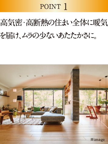 POINT 1 高気密・高断熱の住まい全体に暖気を届け、ムラの少ないあたたかさに。