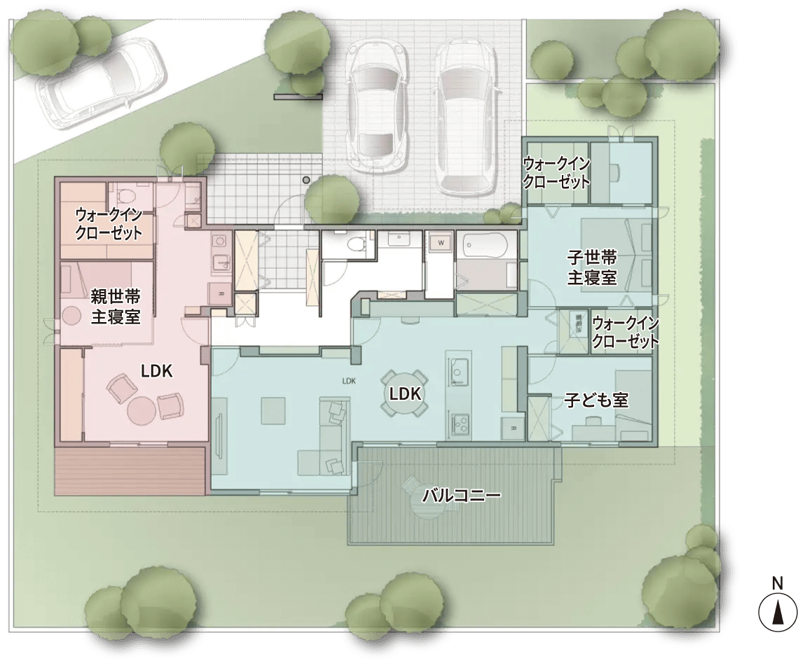平屋・部分共有同居：間取り図