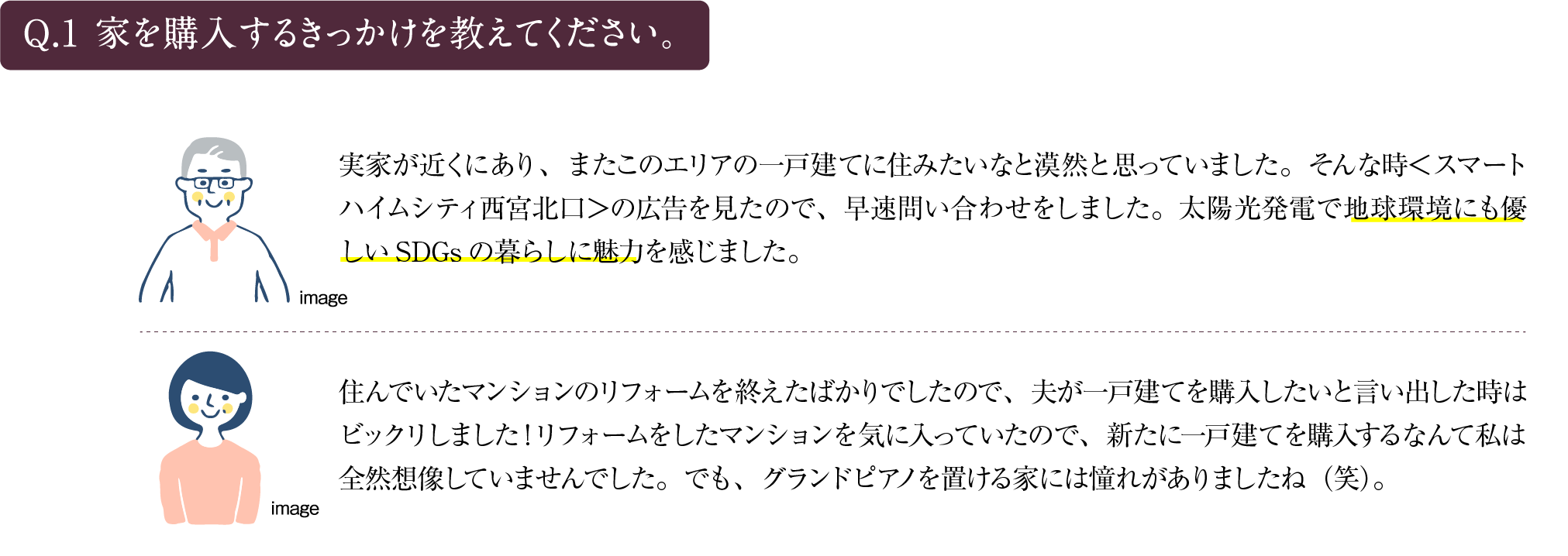 Q1.家を購入するきっかけを教えてください。 A1.実家が近くにあり、またこのエリアの一戸建てにすみたいなと漠然と思っていました。そんな時＜スマートハイムシティ西宮北口＞の広告を見たので、早速問い合わせをしました。太陽光発電で地球環境にも優しいしSDGsの暮らしに魅力を感じました。 住んでいたマンションのリフォームを終えたばかりでしたので、夫が一戸建てを購入したいと言い出した時はびっくりしました！リフォームをしたマンションを気に入っていたので、新たに一戸建てを購入するなんて私は全然想像していませんでした。でも、グランドピアノを置ける家には憧れがありましたね(笑)。