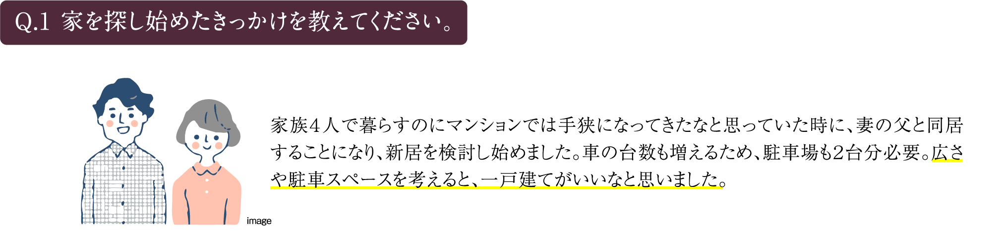 Q1.家を購入するきっかけを教えてください。 A1.実家が近くにあり、またこのエリアの一戸建てにすみたいなと漠然と思っていました。そんな時＜スマートハイムシティ西宮北口＞の広告を見たので、早速問い合わせをしました。太陽光発電で地球環境にも優しいしSDGsの暮らしに魅力を感じました。 住んでいたマンションのリフォームを終えたばかりでしたので、夫が一戸建てを購入したいと言い出した時はびっくりしました！リフォームをしたマンションを気に入っていたので、新たに一戸建てを購入するなんて私は全然想像していませんでした。でも、グランドピアノを置ける家には憧れがありましたね(笑)。