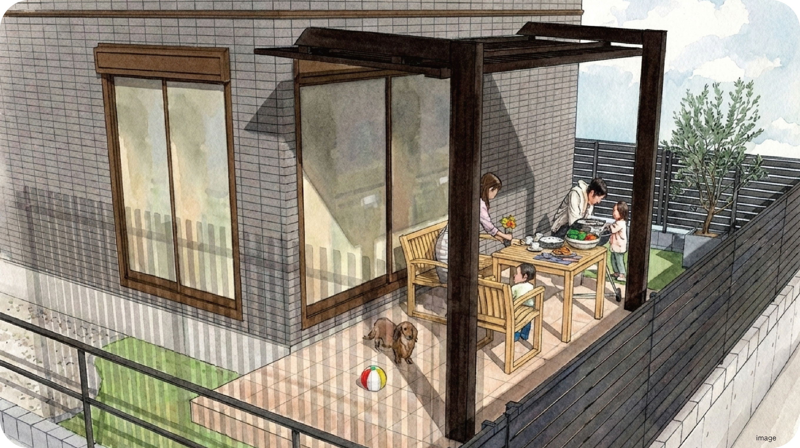 風と緑が交差する、ウチソト隠れ家イメージイラスト