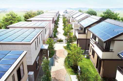 陽光パネルを備えた住宅街の写真
